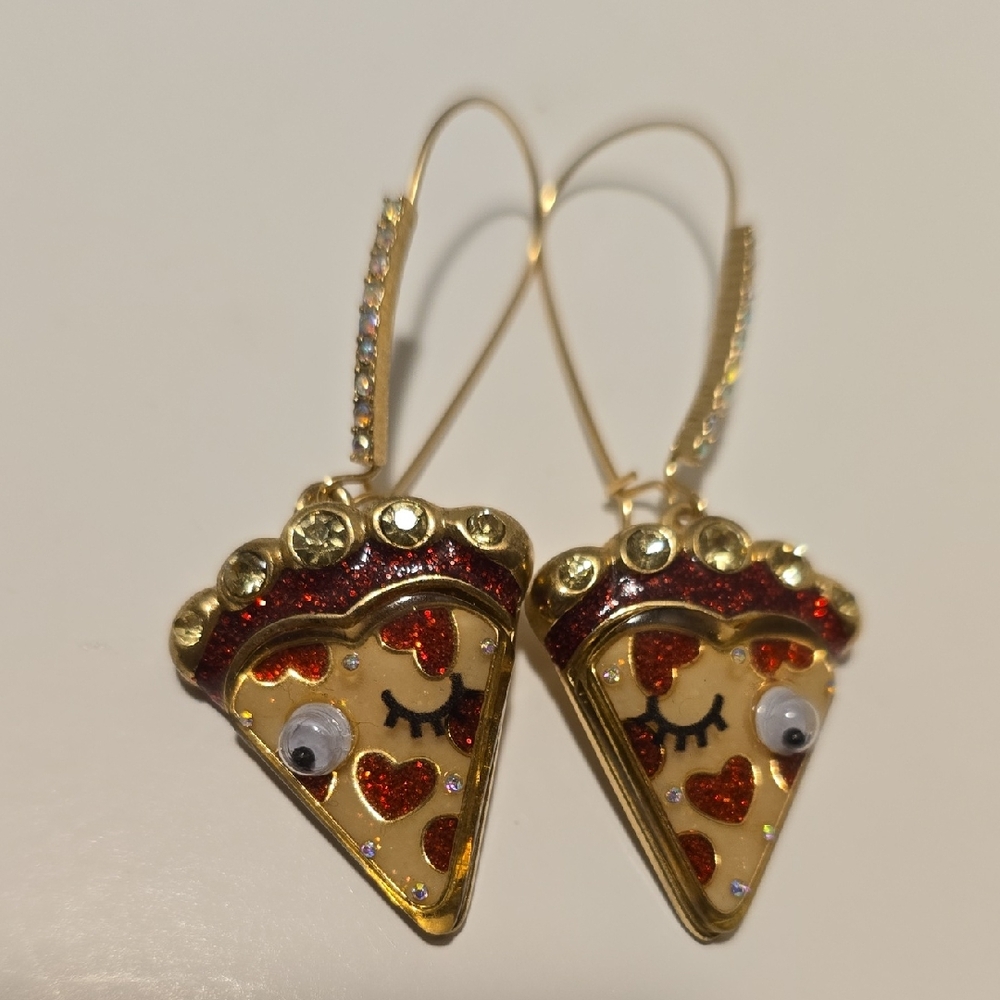 Betsey Johnson Gold And Red Heart Pizza Slice Earrings